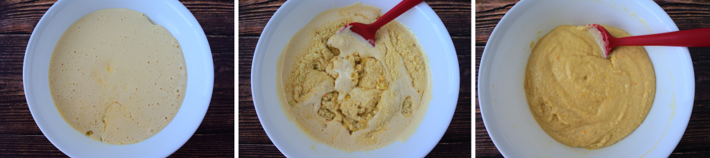 A composite image of the wet and dry ingredients for boterkoek being combined in a bowl with a spatula