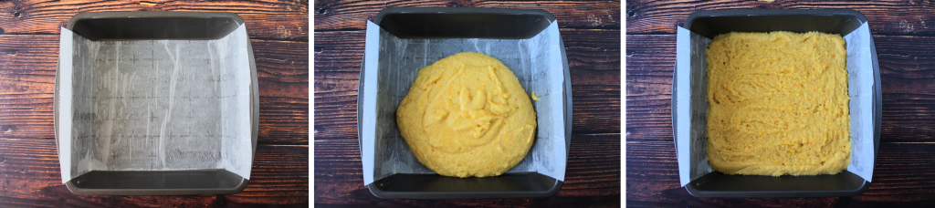 A composite image of batter for boterkoek being poured into a greased and lined pan and spread evenly