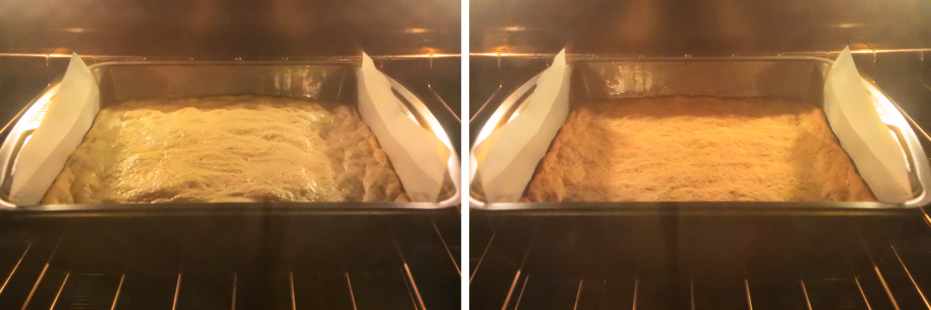 A composite image of a pan of boterkoek being baked in the oven