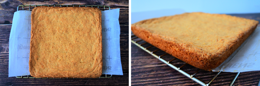 A composite image of a baked tray of boterkoek removed from the pan and placed onto a cooling rack