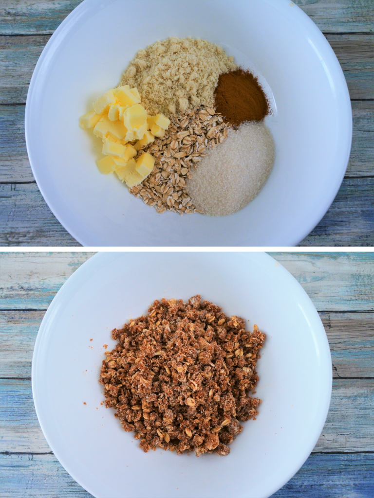 A composite image of ingredients being combined to create a streusel topping