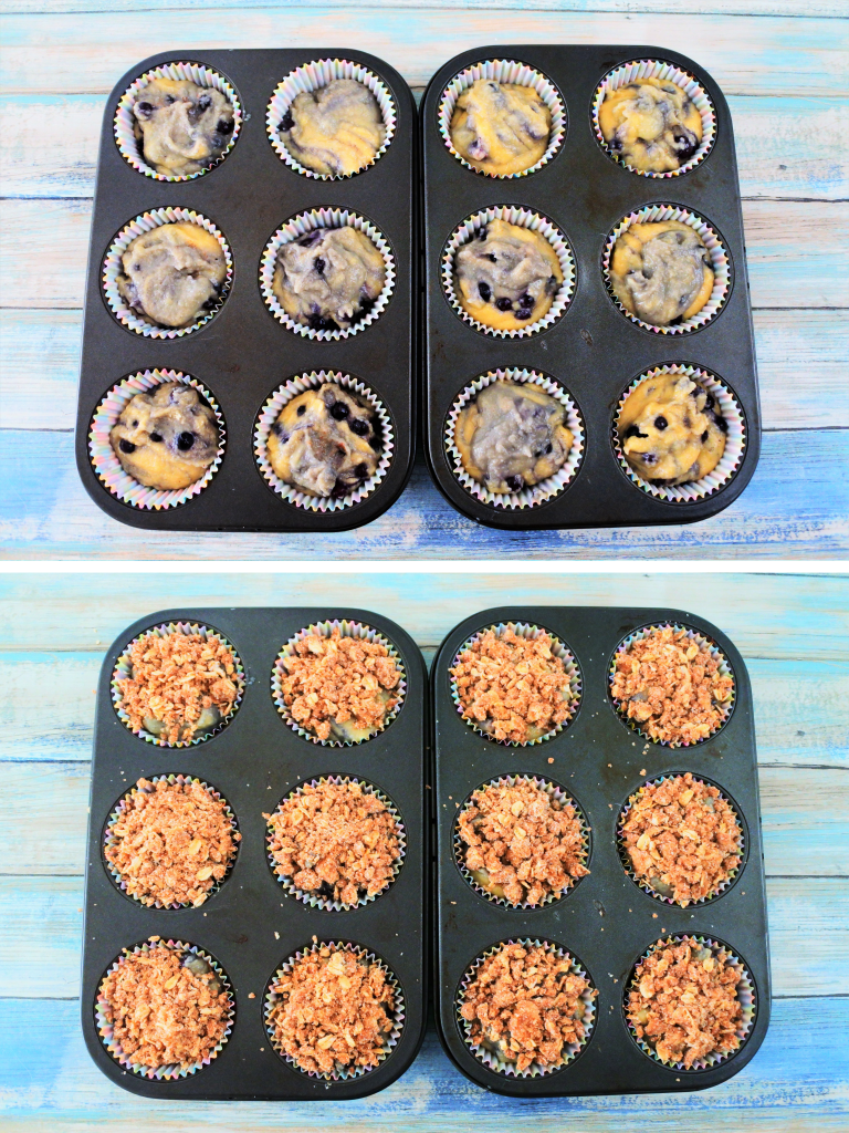 A composite image of batter for blueberry streusel muffins in muffin molds with streusel crumble topping added on top.