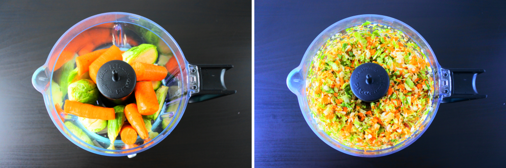 A composite image of carrots and Brussel sprouts being finely minced in a food processor
