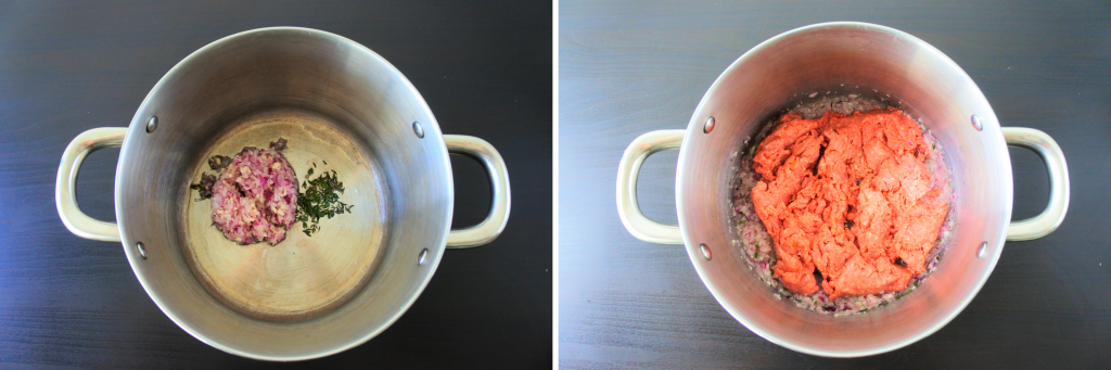 A composite image of a pot with oil onion, garlic and herbs being cooked and ground beef added to it