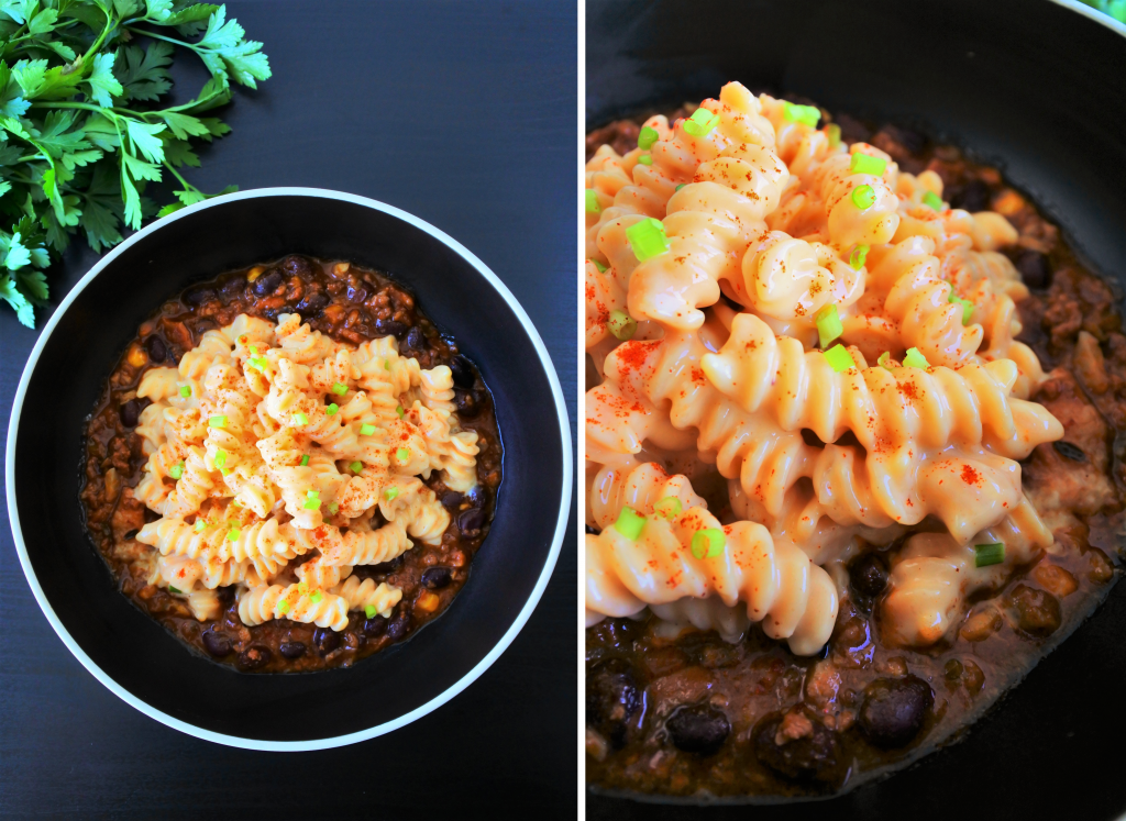 A composite image of a bowl of gluten free homemade chili mac and cheese