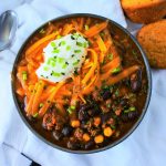 An overhead image of a bowl of kitrusy's chili con carne topped with cheese, sour cream and chives with a spoon and cornmeal muffins on the side