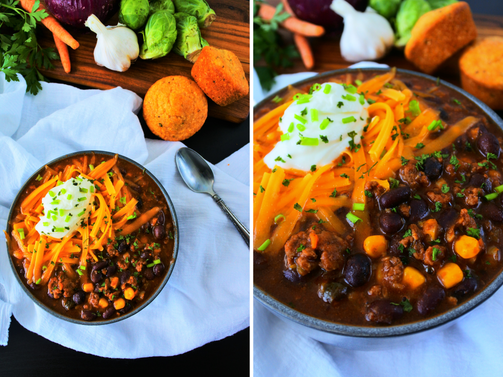 A composite image of a bowl of kitrusy's chili con carne topped with cheese, sour cream and chives