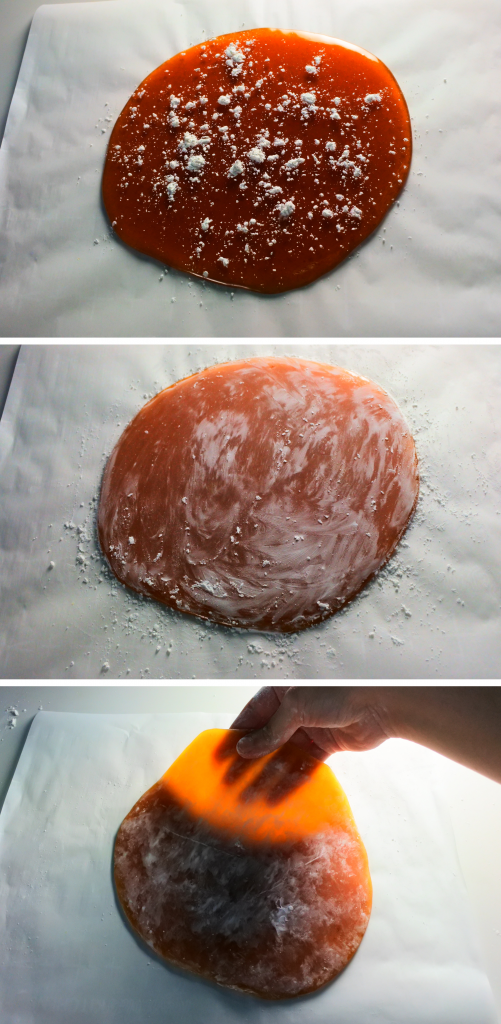 A composite image of cooled ginger candy syrup after it's cooled and has been dusted on both sides with cornstarch
