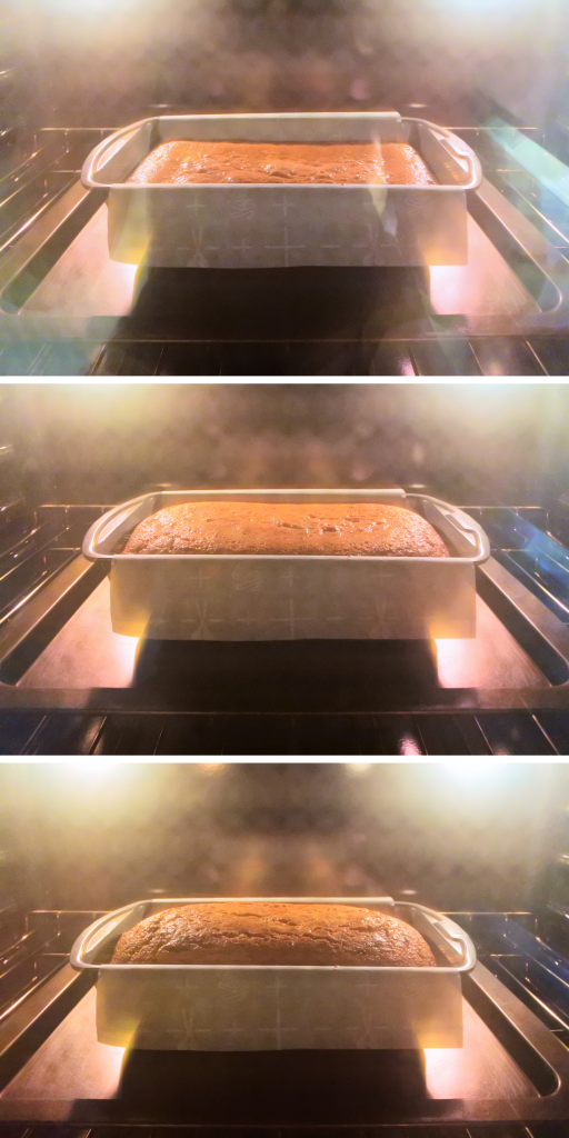 A composite image of a loaf of pumpkin spice bread as it bakes in the oven