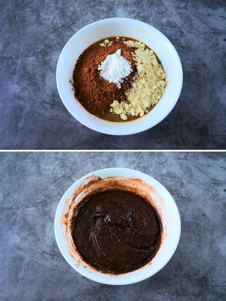 A composite image of dry ingredients being added into the wet ingredients for a chew gluten free brownie batter