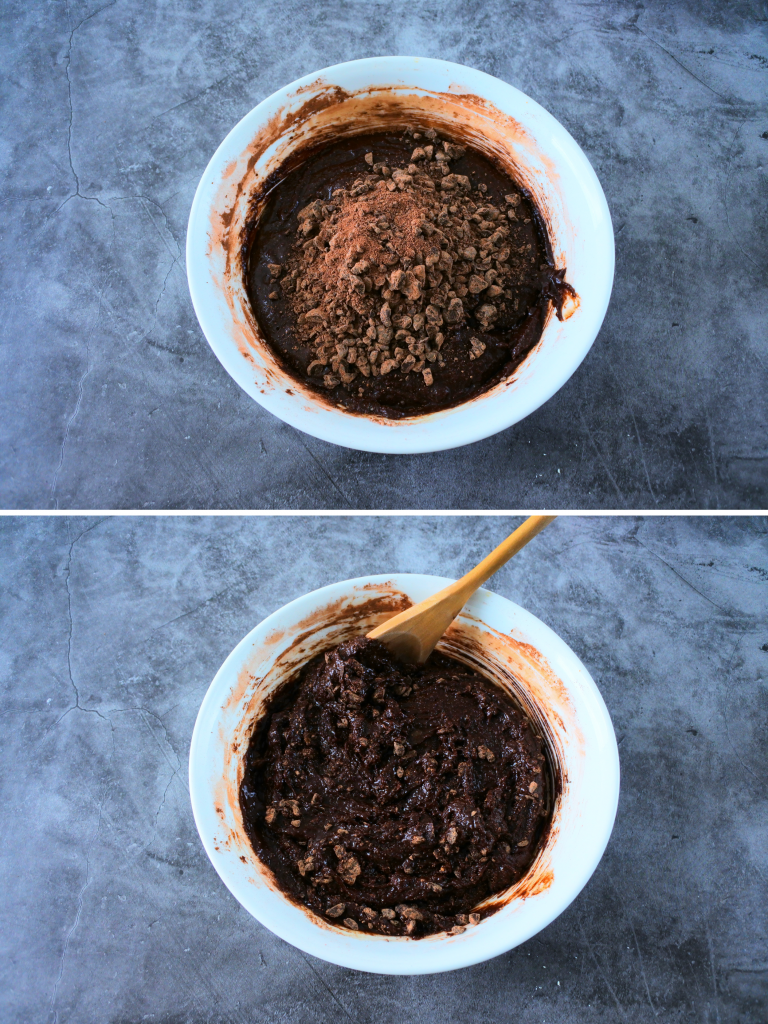 A composite image of a bowl of brownie batter with chopped dark chocolate chunks mixed into batter