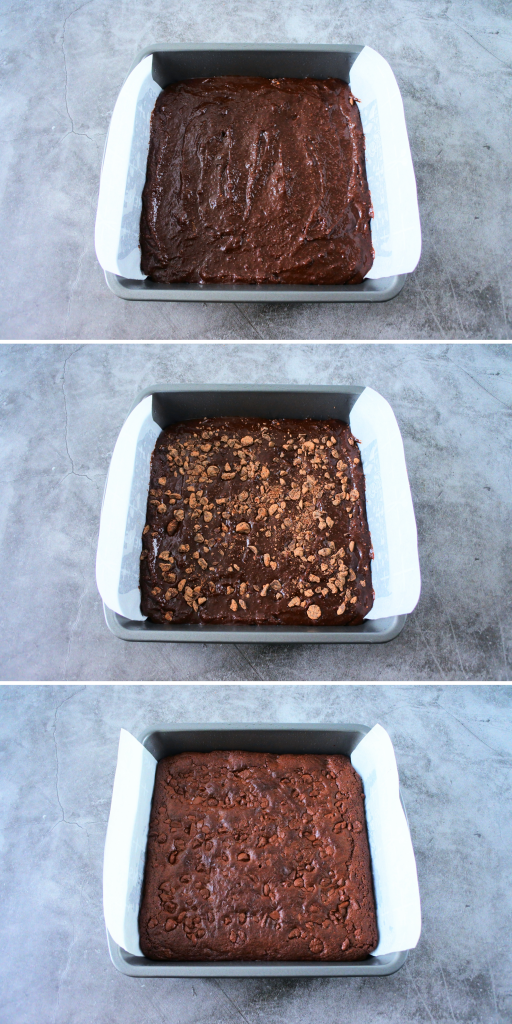 A composite image of gluten free chewy brownie batter poured into a greased and parchment lined pan and baked.