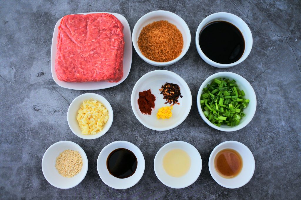 An overhead image of ingredients for a homemade teriyaki ground beef bowl