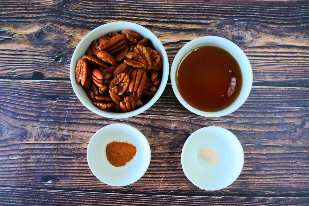 An overhead image of ingredients for maple candied pecans