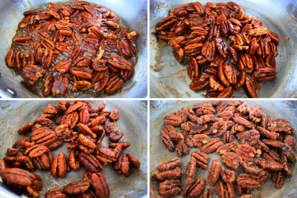 A composite image of maple syrup being added to and slowly cooked with pan toasted pecans halves