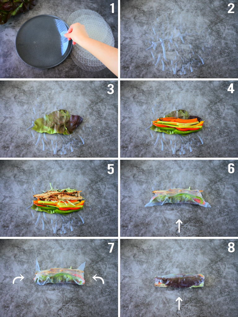 A composite image of how to assemble and roll simple summer rolls