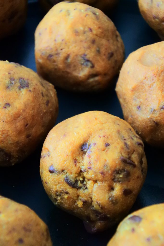 An image of portioned balls of gluten free chocolate chip cookie dough