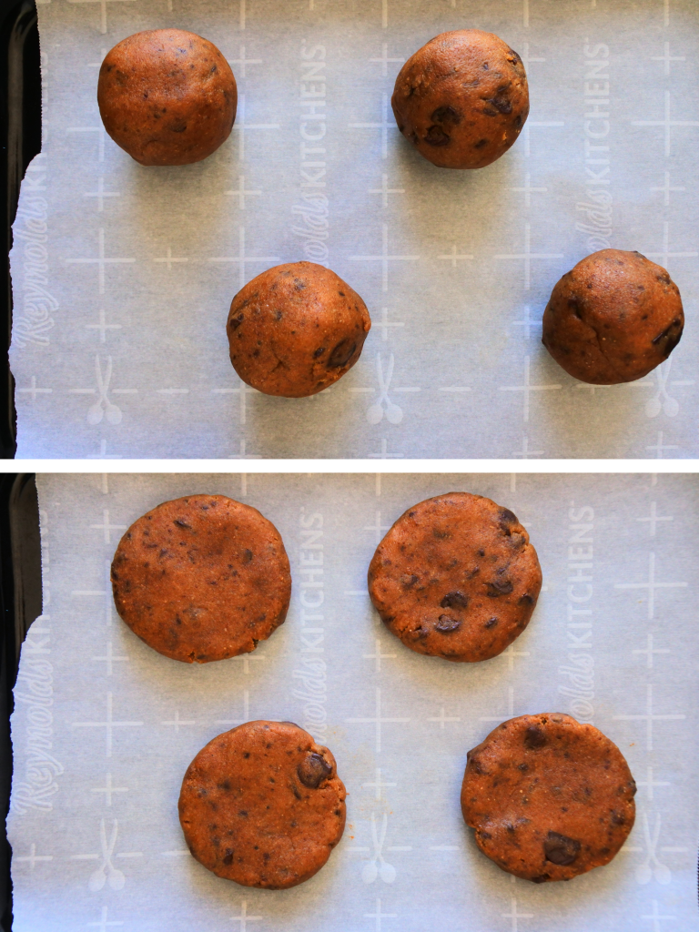 A composite overhead image of a ball of cookie dough and a flattened round of dough on parchment