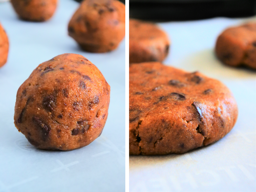 A composite head on image of a ball of cookie dough and a flattened round of dough on parchment