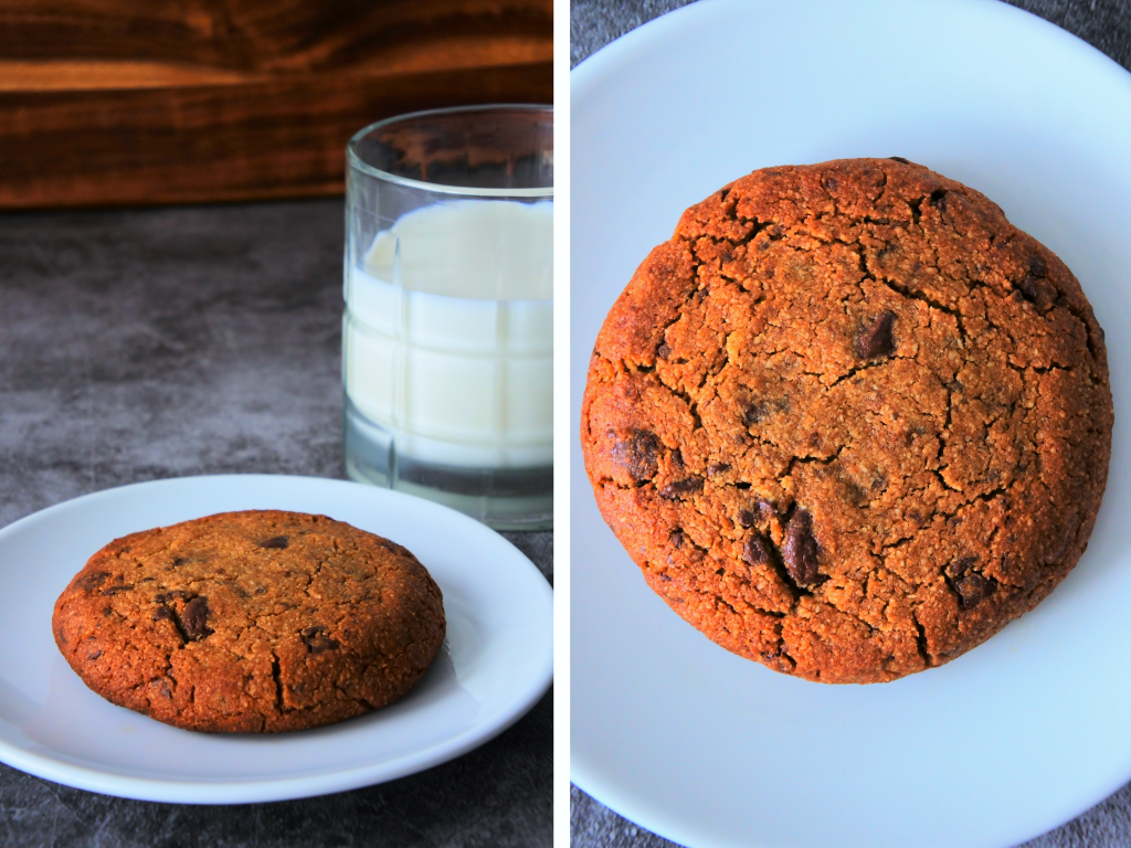 A composite image of a freshly baked gluten free chocolate chip cookie on a plate