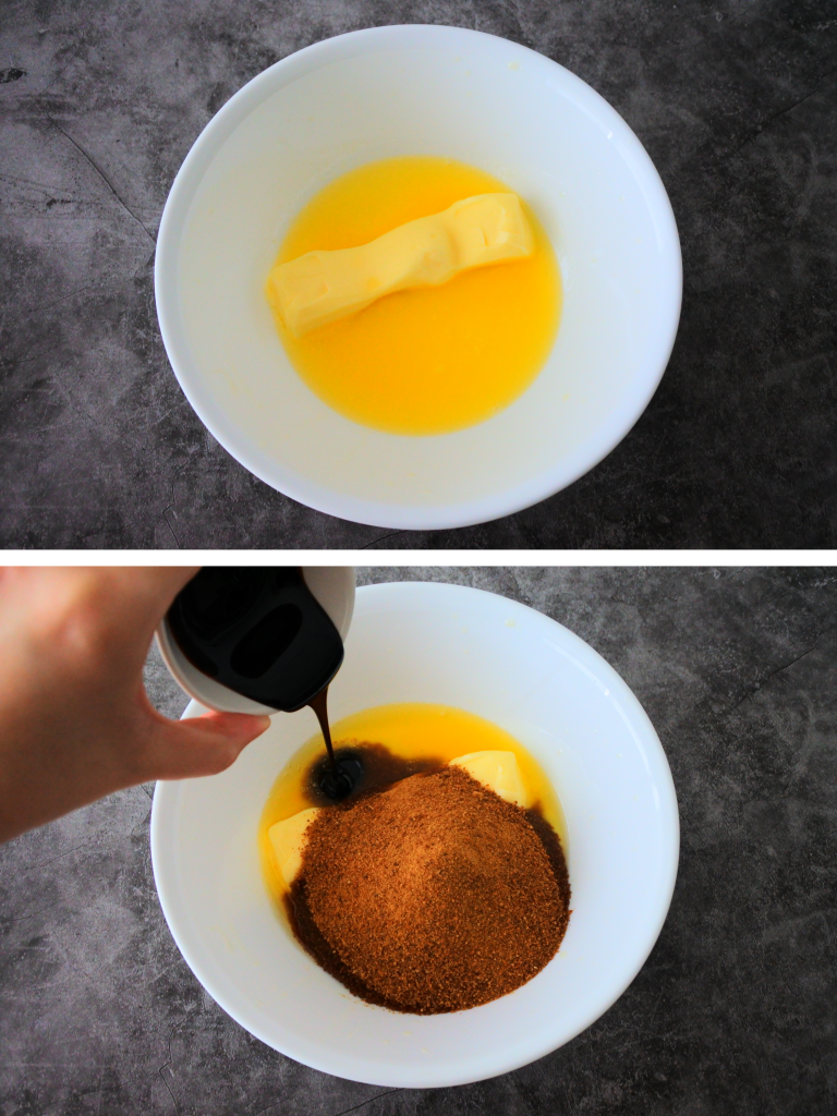An overhead image of a bowl of butter with coconut sugar and molasses being added in