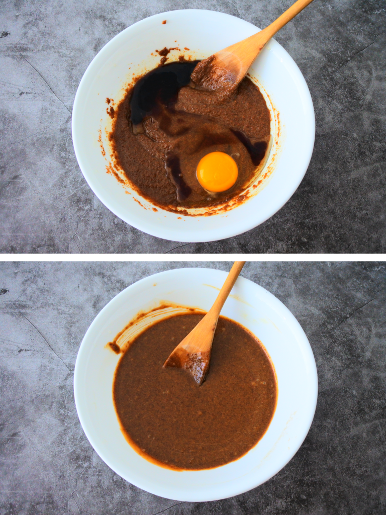 An overhead image egg and extract being mixed into a butter and sugar mixture