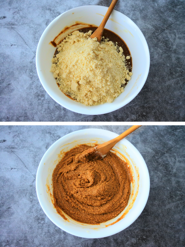 An over head image of a bowl of dry ingredients for gluten free cookie dough being added and mixed in.