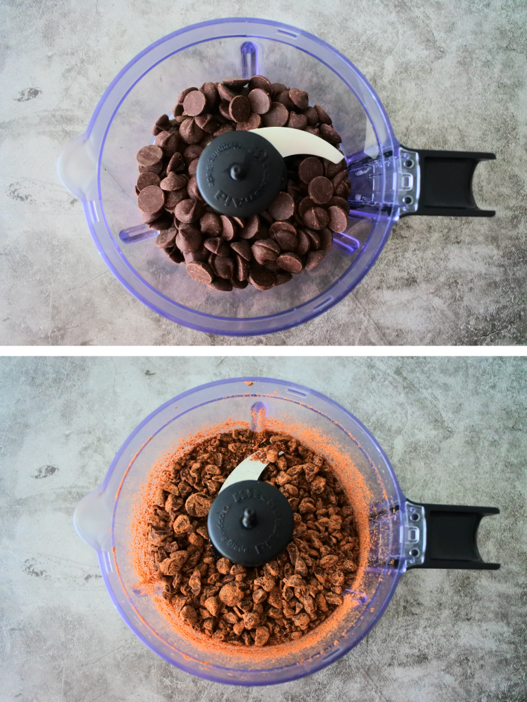An over head image of dark chocolate chips in a mini food processor before and after being broken down