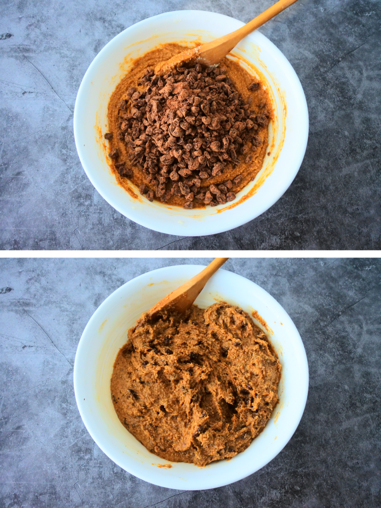 A composite image of a bowl of gluten free cookie dough with blitzed dark chocolate added and mixed in