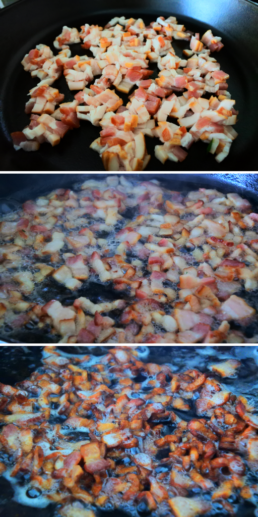 A composite image of diced bacon being rendered and cooked until crispy