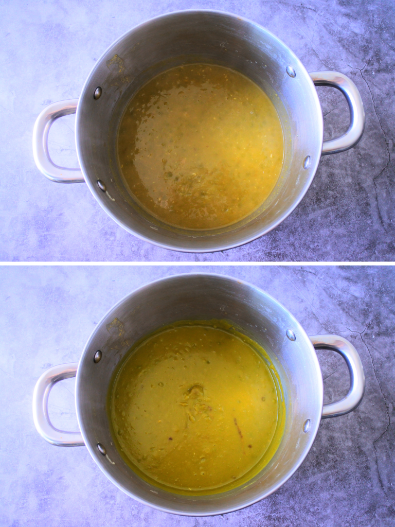 A composite image of a pot of cooked and softened split peas before and after being blended with an immersion blender