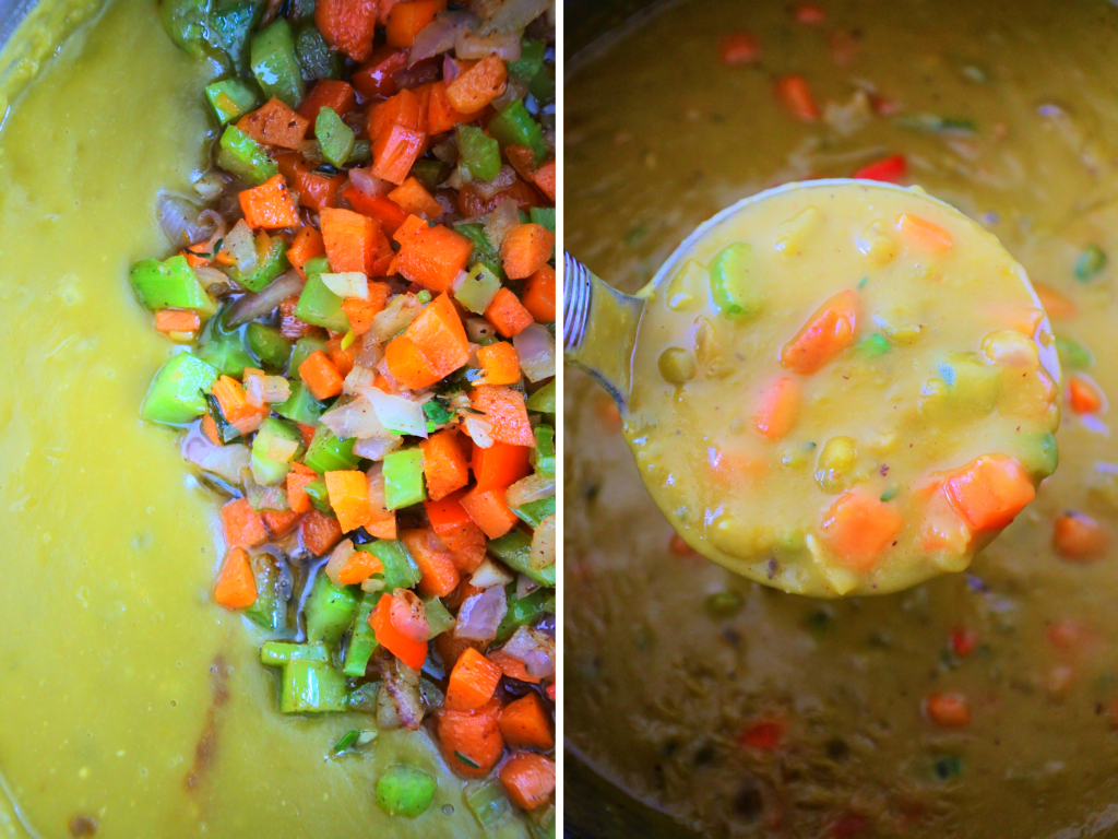 A composite image of split pea soup with sautéed vegetables added in
