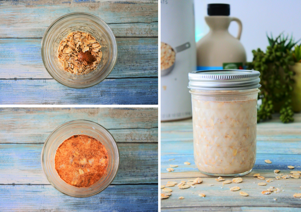 A composite image of overnight oats being made by adding oats and spices to a jar and topping with milk and sweetener in a mason jar