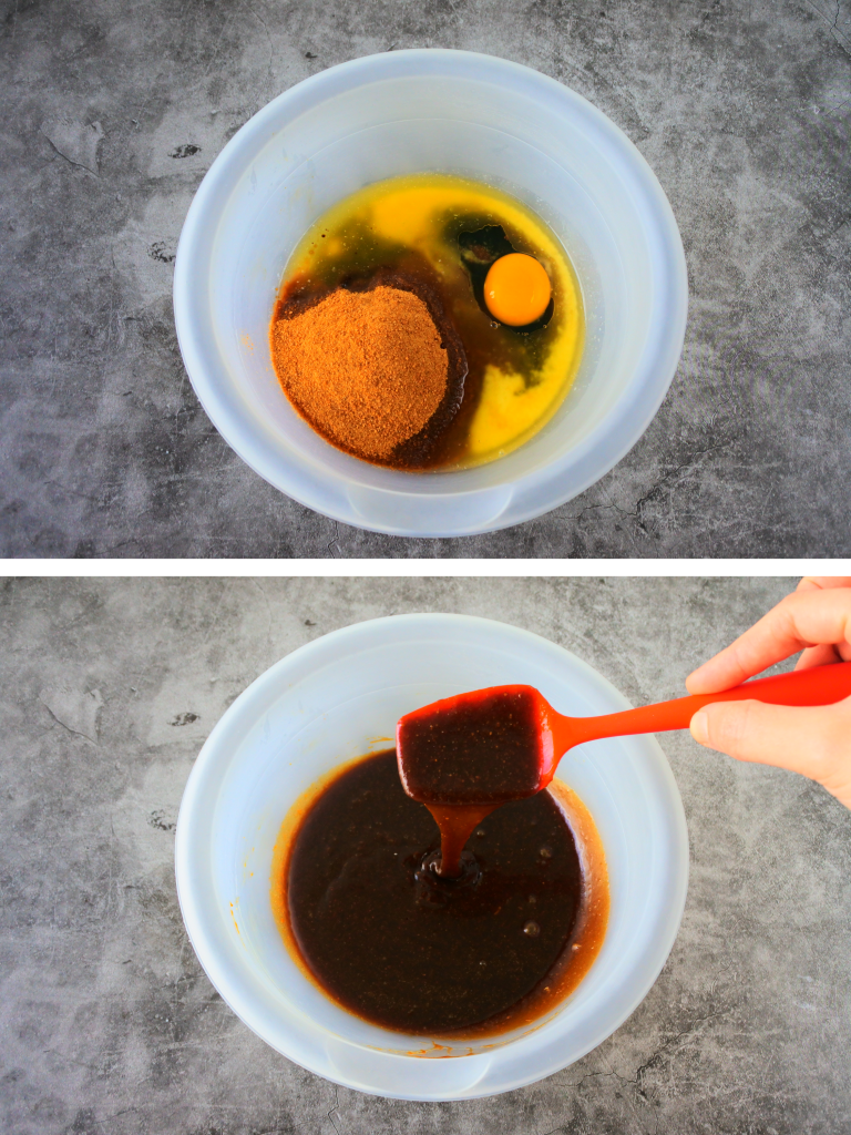 A composite image showing ingredients being mixed in for the start of a oatmeal chocolate chip cookie dough
