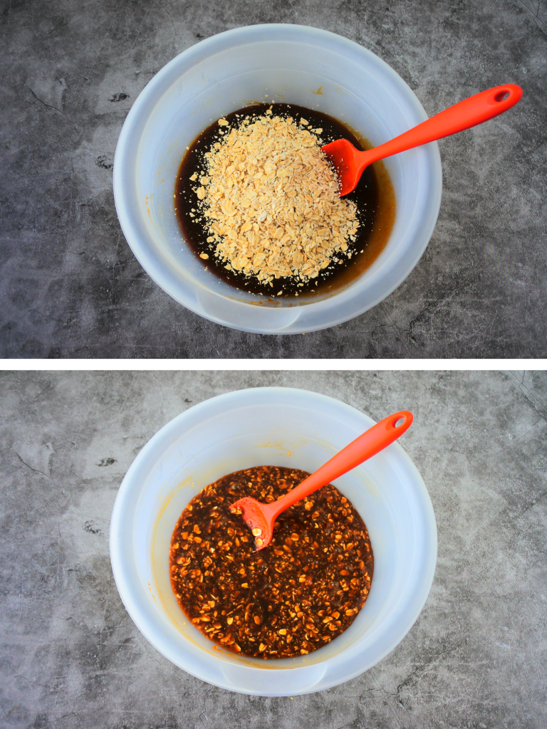 A composite image showing oats being mixed into the makings of an oatmeal chocolate chip cookie dough