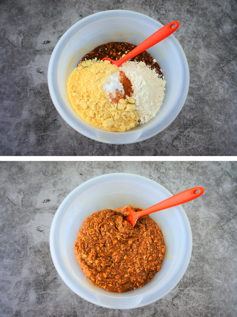 A composite image of dry ingredients being incorporated into an oatmeal chocolate chip cookie dough