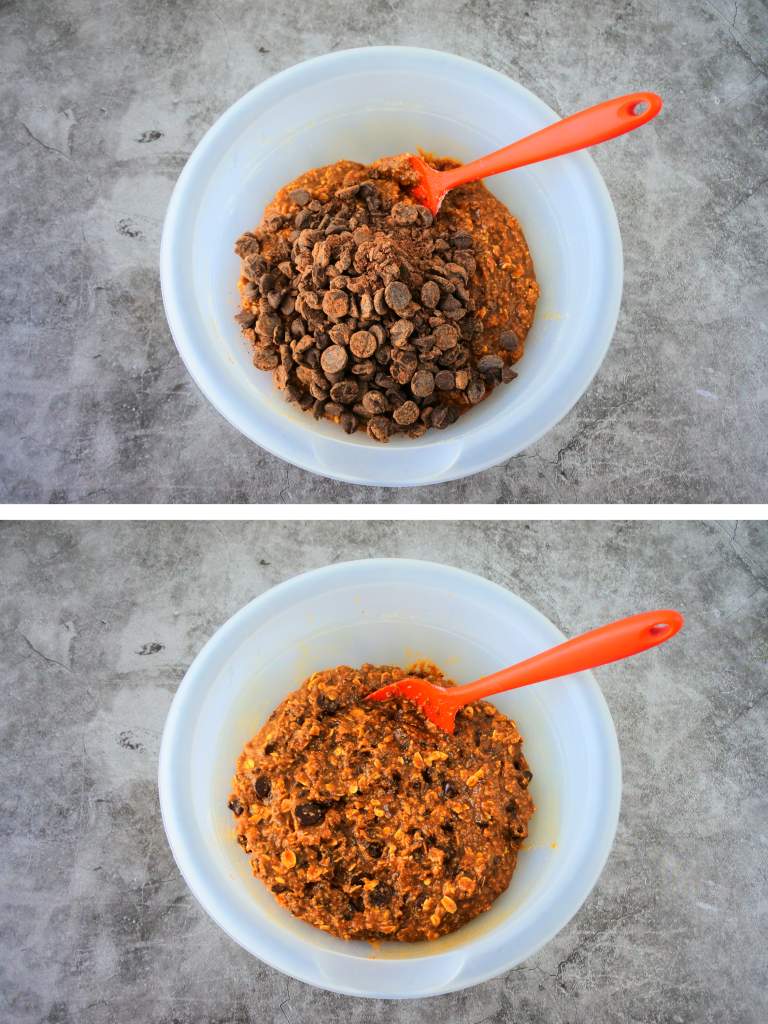 A composite image of chocolate chips and chunks being added to an oatmeal chocolate chip cookie dough