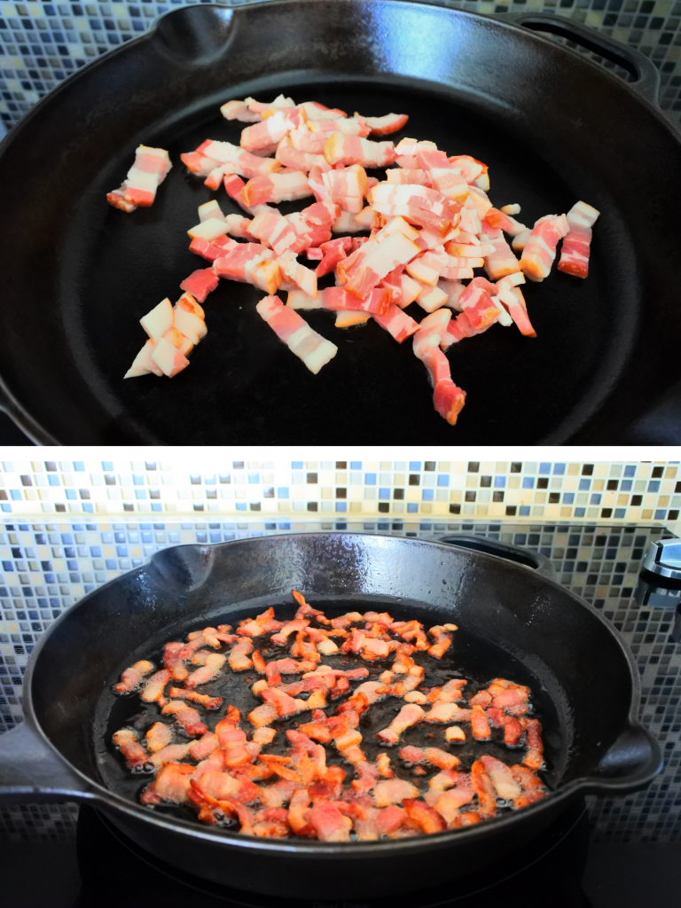 A composite image of bits of thick cut bacon being crisped up and the fat rendered