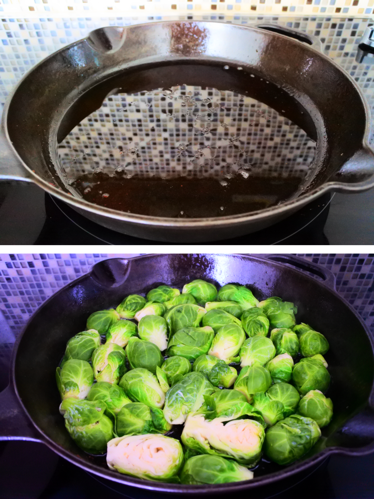 A composite image of brussels sprouts being charred and caramelized in rendered bacon fat in a cast iron skillet