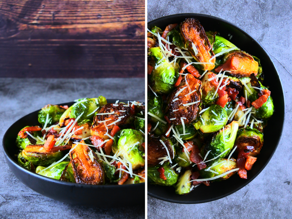 A composite image of a black dish of maple bacon brussels sprouts topped with finely shredded parmesan