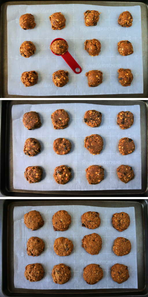 A composite image of a tray of portioned out oatmeal raisin cookie dough being scooped, flattened and baked