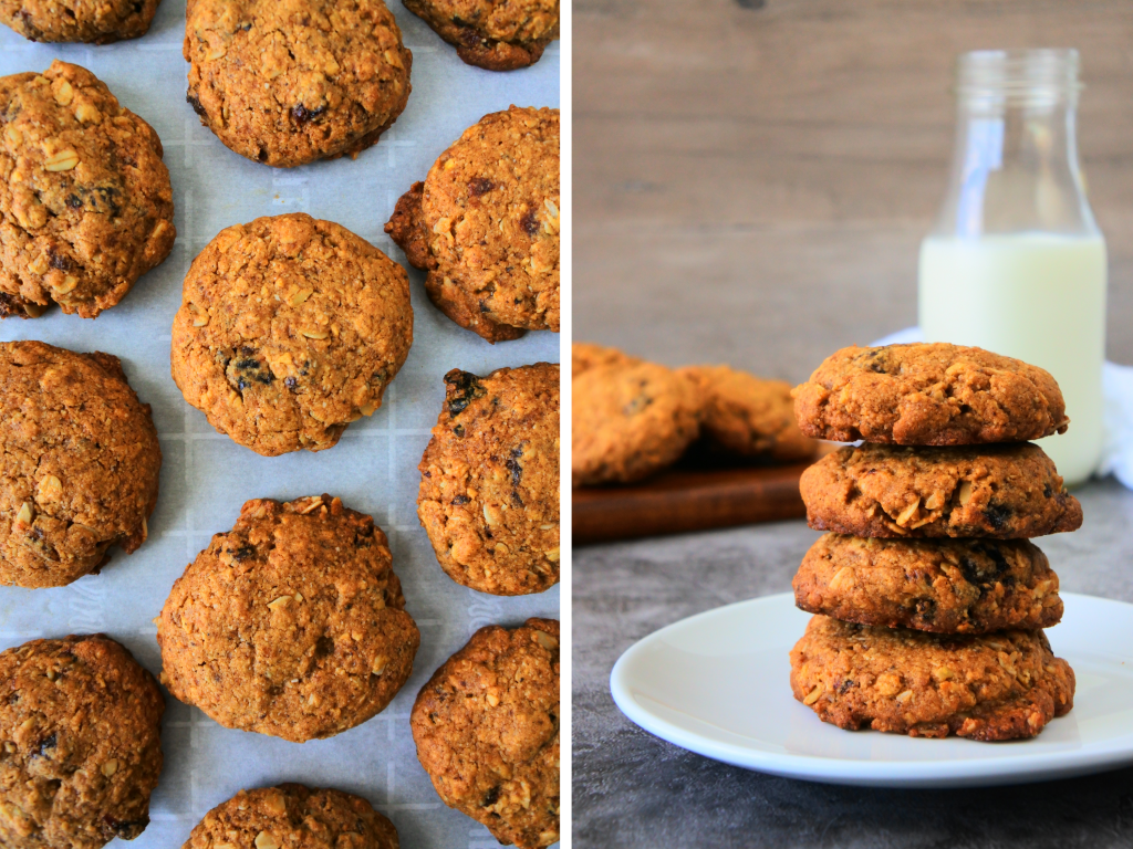 A composite image of freshly baked oatmeal raisin cookies