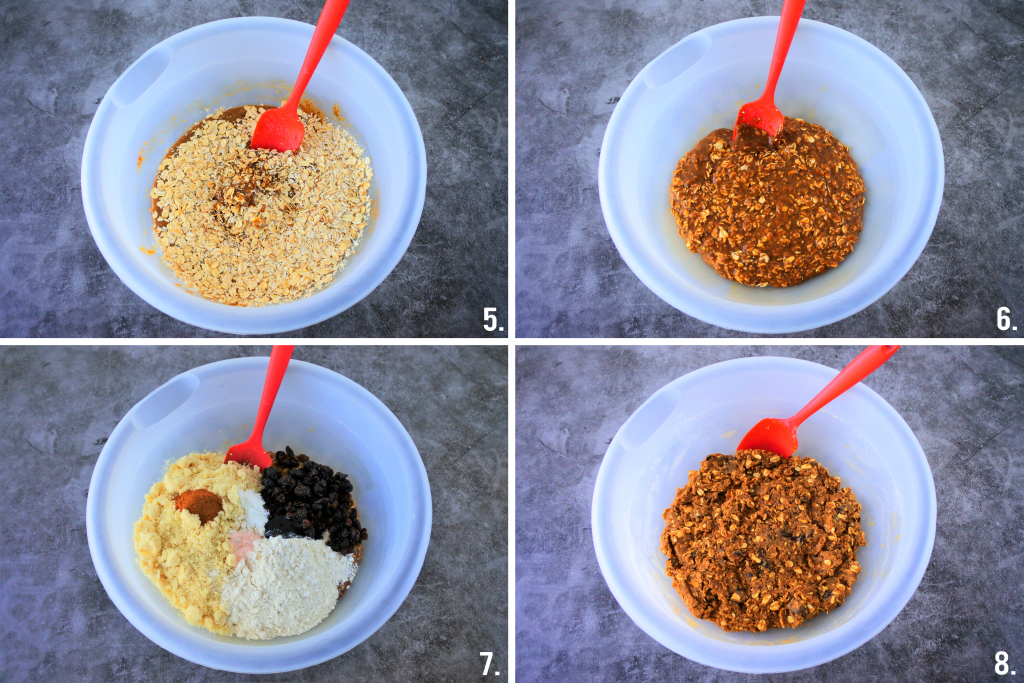 A composite image (5-8) of the dough for oatmeal raisin cookies being made
