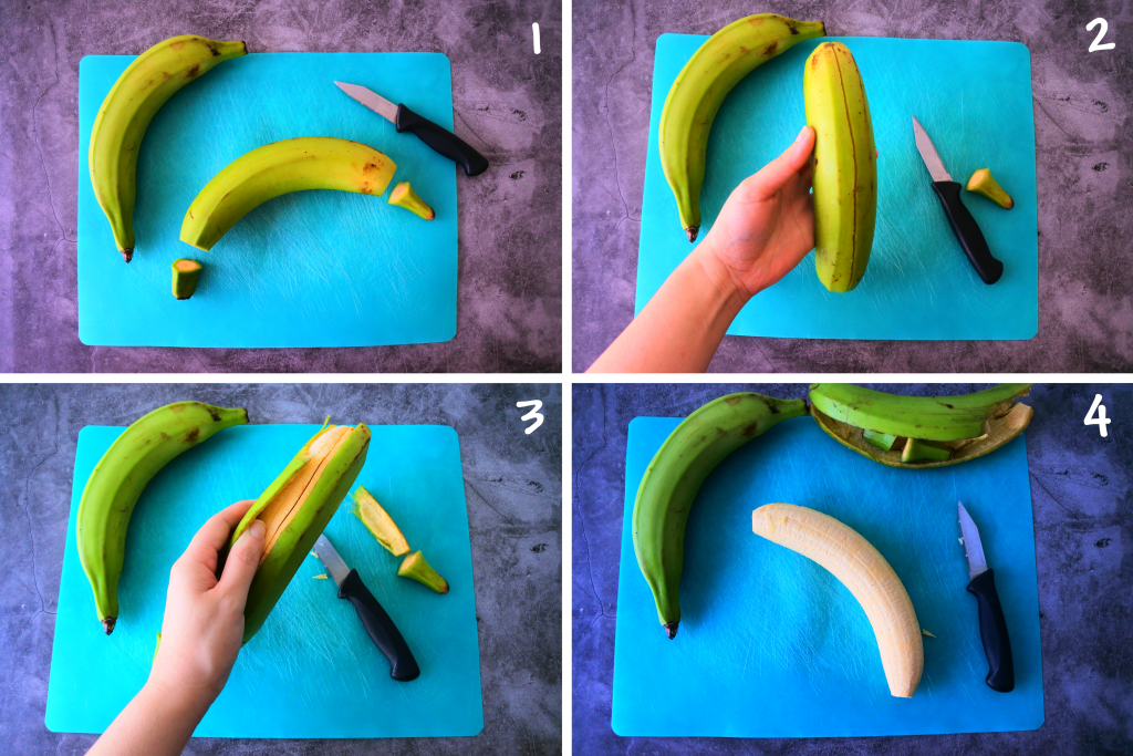 A composite image of how to peel a green plantain in prep for making fried plantain chips
