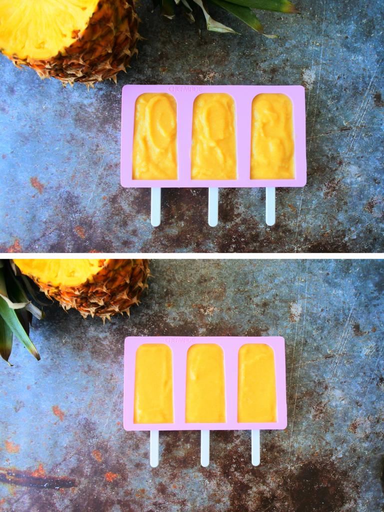 A composite image of a popsicle mold being filled with semi-frozen blended pineapple mix and smoothed out before being set to freeze.