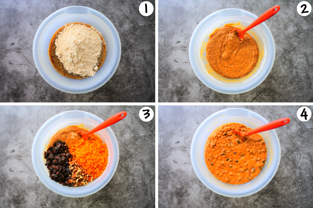 A composite image showing how the batter for the carrot loaf cake is mixed together