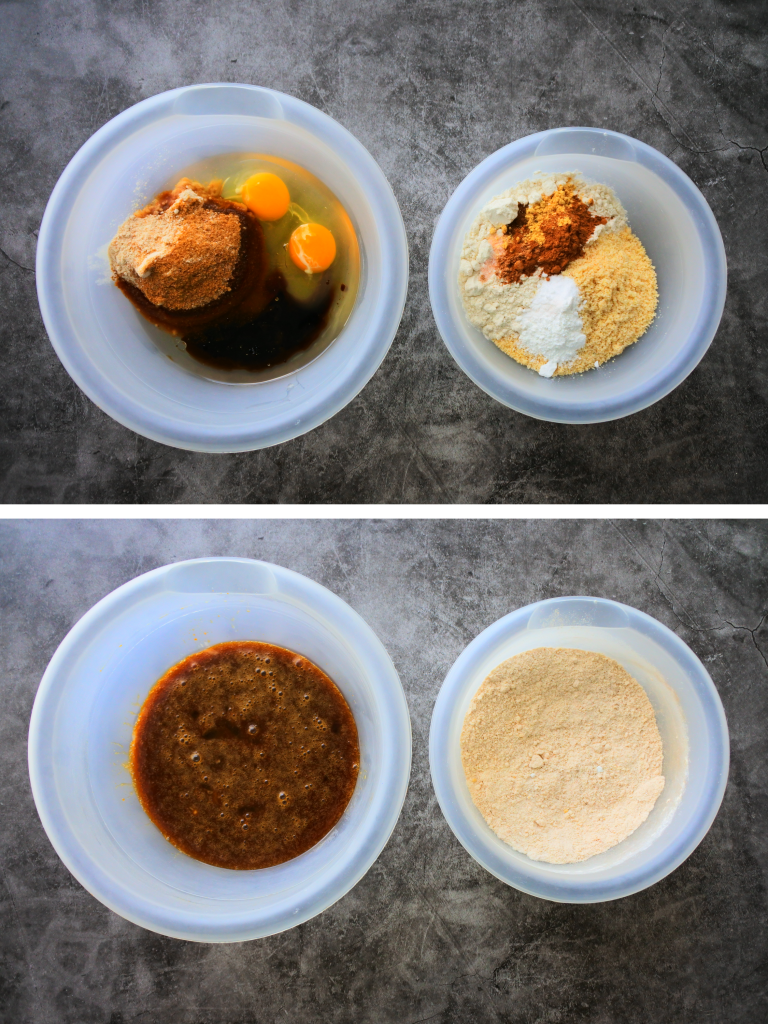 A composite image showing bowls of wet and dry ingredients before and after being mixed for a carrot cake loaf