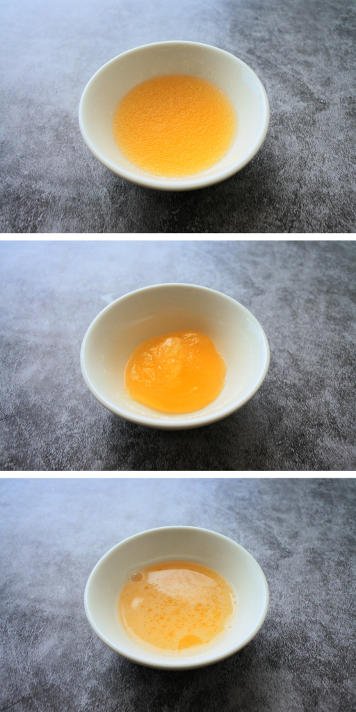 a composite image of powdered gelatin being bloomed and then warmed to a liquid state