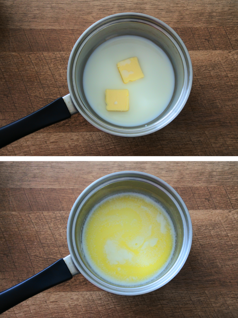 An overhead composite image of a saucepan with milk and butter before and after being warmed