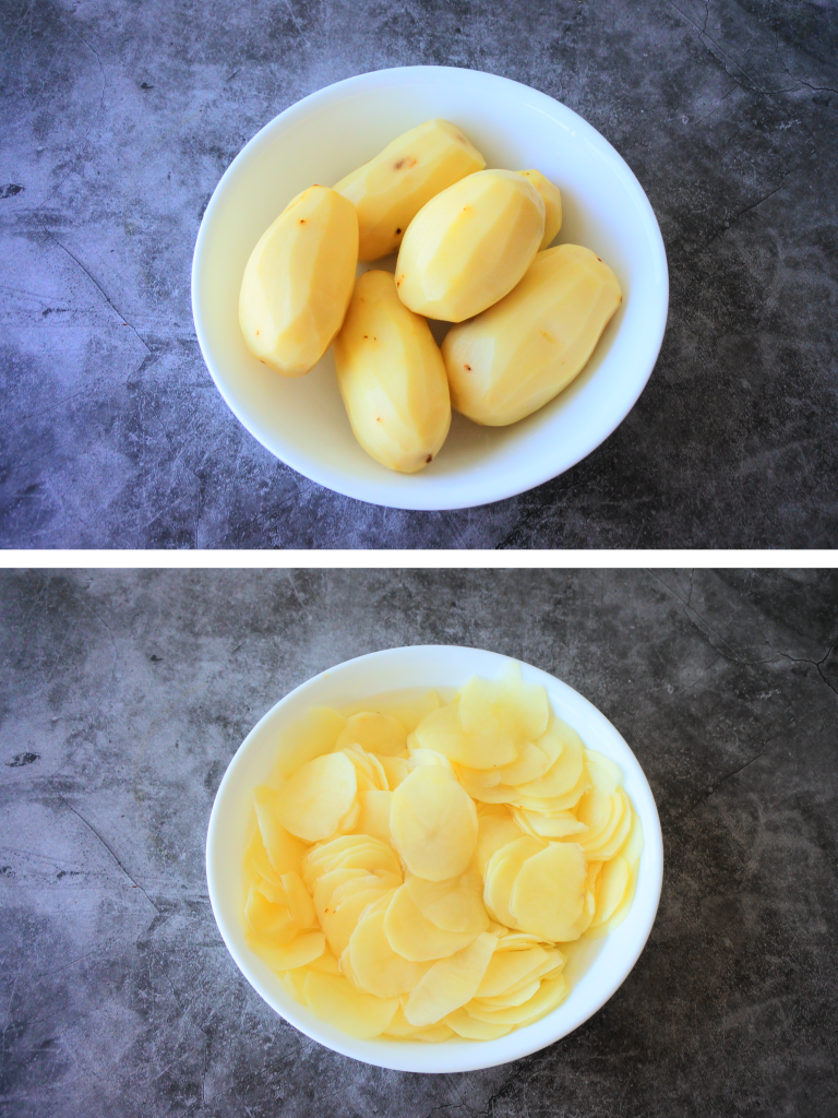 An overhead composite image of a bowl of whole peeled potatoes before and after being cut into slices